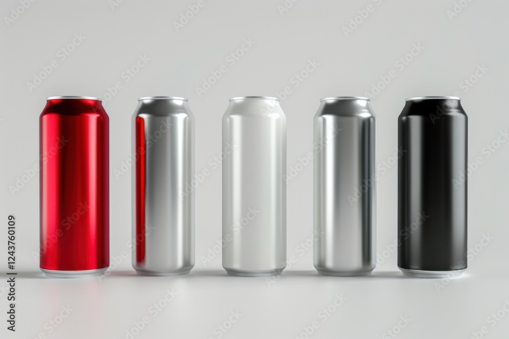 Elegant 3D render of aluminum slim cans in silver, white, black, and red, standing upright on a white background, ideal for beer can mockup templates Elegant 3D render of aluminum slim cans in silver, white, black, and red, standing upright on a white background, ideal for beer can mockup templates