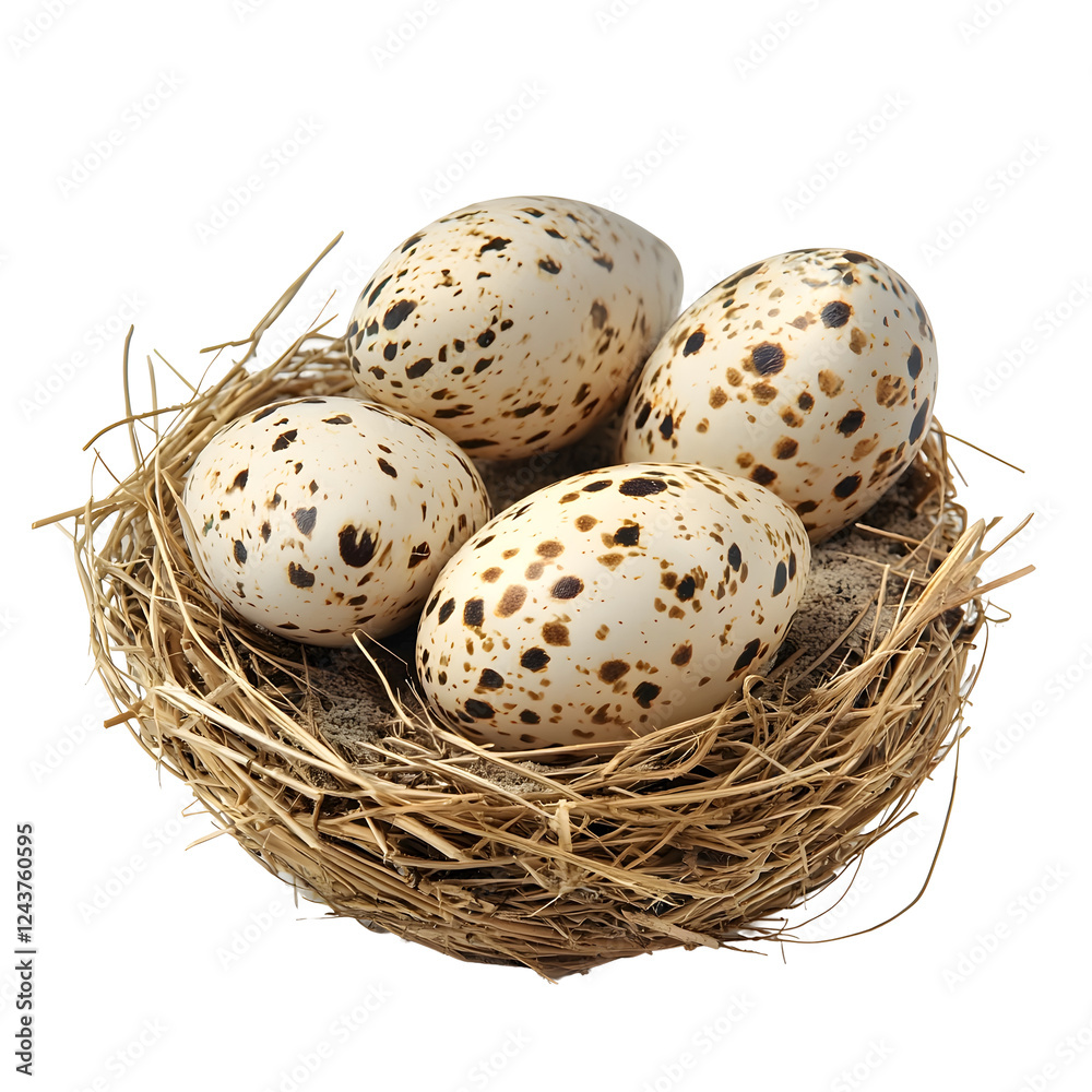 Fototapeta premium Bird Nest with Speckled Eggs on Plain White Isolated Background