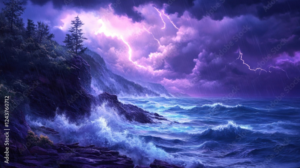 A coastal cliffside during an extreme thunderstorm, crashing waves, flashes of lightning in the distance, heavy rain hitting the rocky shore, a truly wild and untamed landscape A coastal cliffside during an extreme thunderstorm, crashing waves, flashes of lightning in the distance, heavy rain hitting the rocky shore, a truly wild and untamed landscape