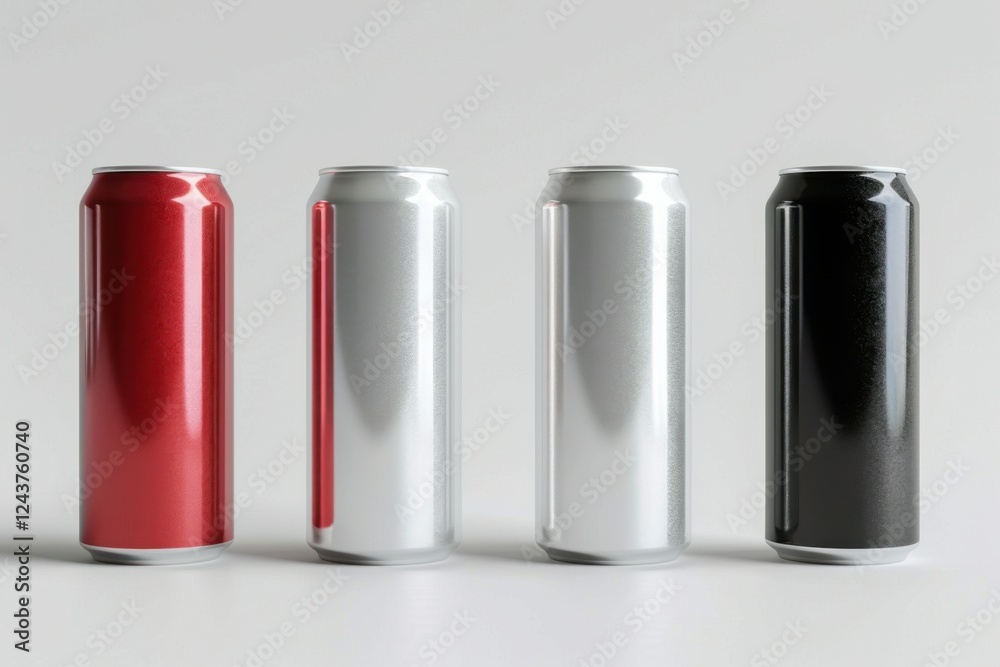 Elegant 3D render of aluminum slim cans in silver, white, black, and red, standing upright on a white background, ideal for beer can mockup templates Elegant 3D render of aluminum slim cans in silver, white, black, and red, standing upright on a white background, ideal for beer can mockup templates