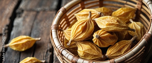 Dried cempedak fruit beautifully arranged in a bamboo basket on a rustic wooden surface showcasing traditional food preservation techniques. photo