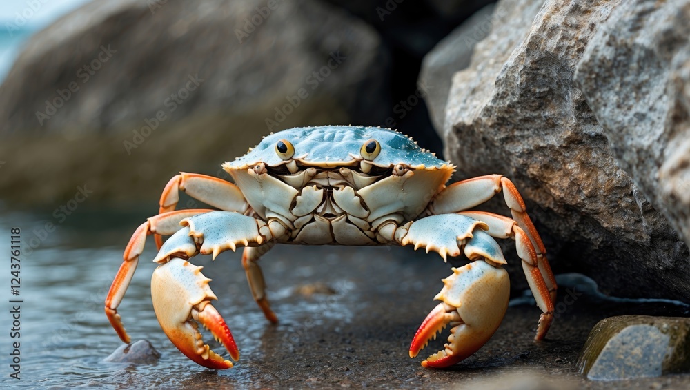 Blue crab on a rocky shore with ocean background showcasing natural marine habitat and wildlife in coastal environment. Blue crab on a rocky shore with ocean background showcasing natural marine habitat and wildlife in coastal environment.