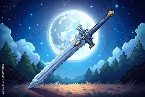 Pixel Art Fantasy White Greatsword Night Photography -  8-bit Game Weapon photo