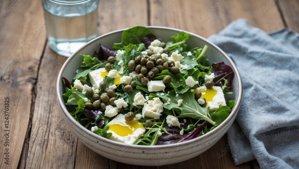 Nutritious salad bowl with mixed greens, crumbled cheese, capers, and olive oil served with a glass of water on a rustic wooden table. Nutritious salad bowl with mixed greens, crumbled cheese, capers, and olive oil served with a glass of water on a rustic wooden table.