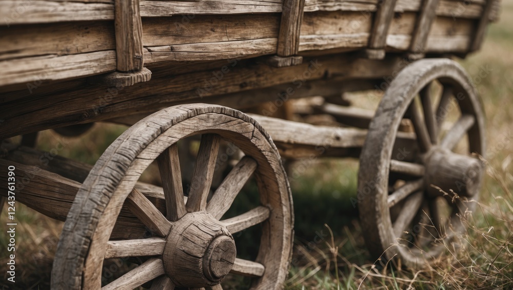Closeup of an antique wooden cart showcasing detailed craftsmanship and rustic wheels set against a natural grassy background. Closeup of an antique wooden cart showcasing detailed craftsmanship and rustic wheels set against a natural grassy background.