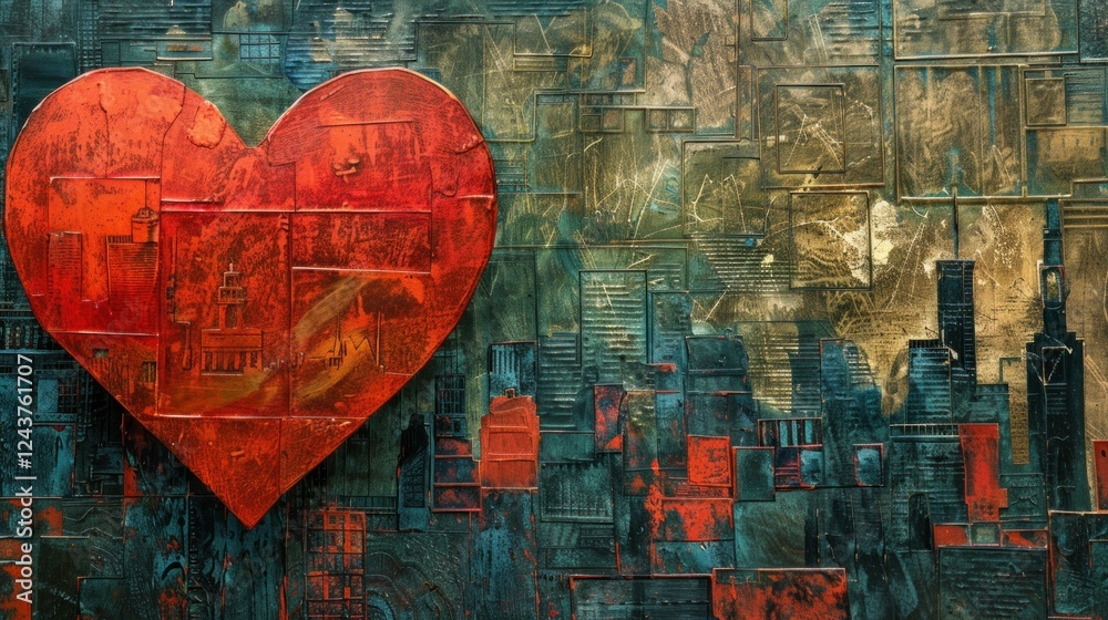 Naklejka premium A red heart cutout with a textured background stock photo --ar 16:9 --style raw --v 6 Job ID: a31ffdbf-d48d-4a5e-a488-456b3c58013e