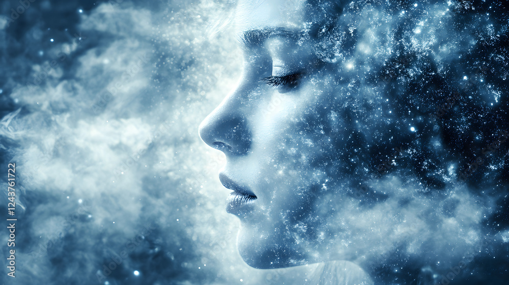 Ethereal portrait of a woman merged with cosmic elements, creating a dreamlike atmosphere of stars and clouds Ethereal portrait of a woman merged with cosmic elements, creating a dreamlike atmosphere of stars and clouds