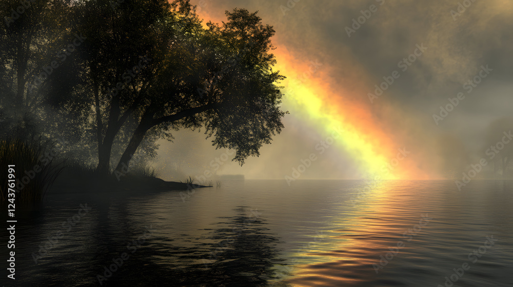 Obraz premium A serene landscape featuring a rainbow over calm waters, with a tree silhouetted against a misty sky