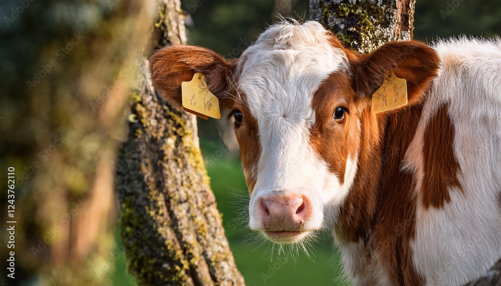 Fototapeta premium brown white cow w tag on ear peeks from tree looks at camera
