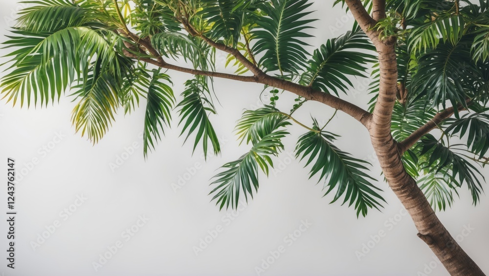 Tropical tree branches with lush green leaves against a white isolated background for botanical and natural design concepts.