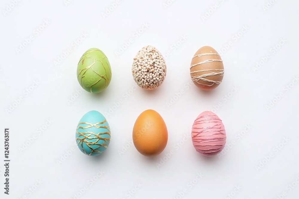 Fototapeta premium six decorated Easter eggs on clean white surface unique designs