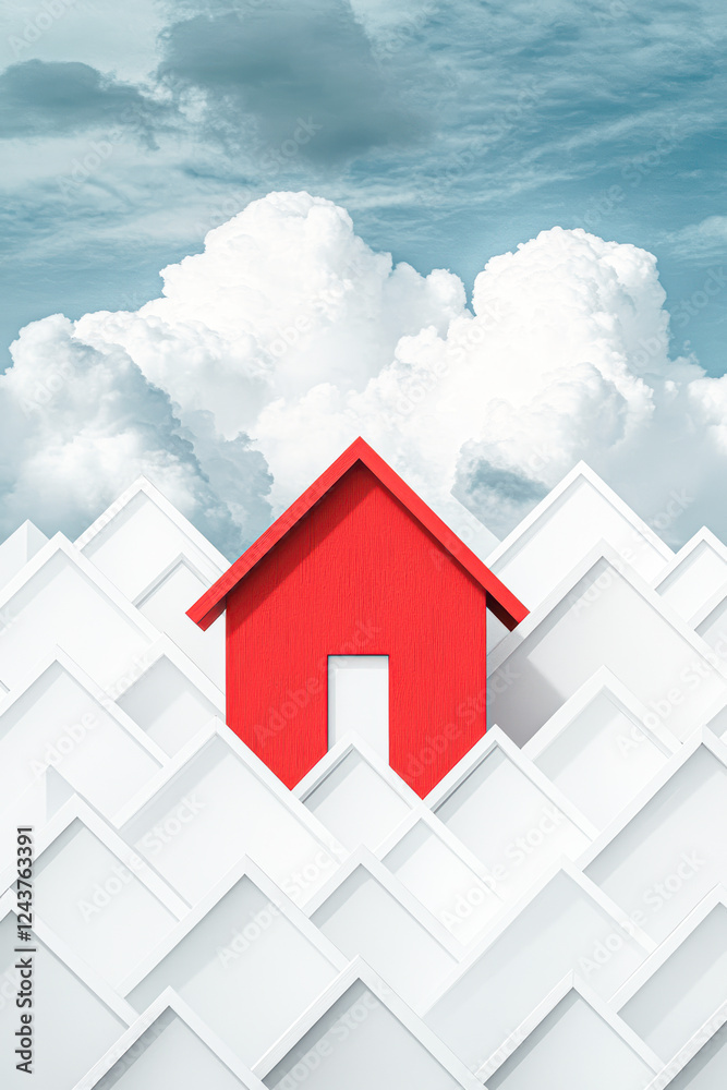 Red house on white peaks abstract art surreal landscape clouds minimalist Red house on white peaks abstract art surreal landscape clouds minimalist