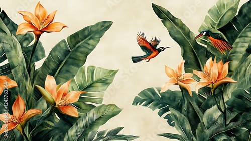 Tropical Bird of Paradise Flowers with Green Leaves