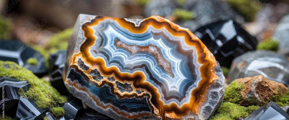Obraz premium Close up view of crazy lace agate quartz with black onyx stones showcasing vibrant colors and unique patterns ideal for design elements.