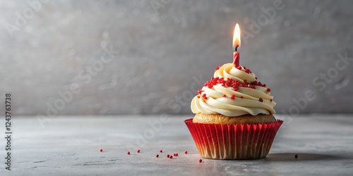 Single Birthday Cupcake Red Sprinkles, Lit Candle, Grey Background