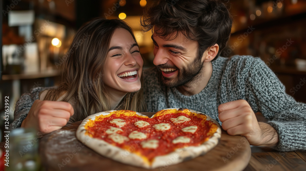 A couple sharing a slice of heart-shaped pizza, laughing and enjoying each other’s company. A couple sharing a slice of heart-shaped pizza, laughing and enjoying each other’s company.