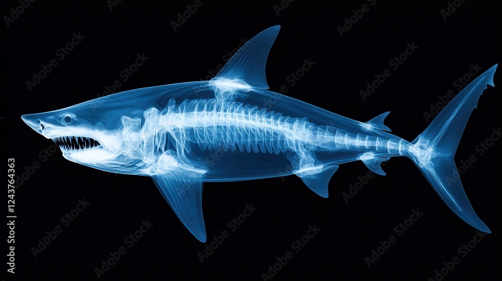 Fototapeta premium Shark Skeletal Anatomy X Ray Image Blue Hues Ocean Wildlife Marine Biology Study