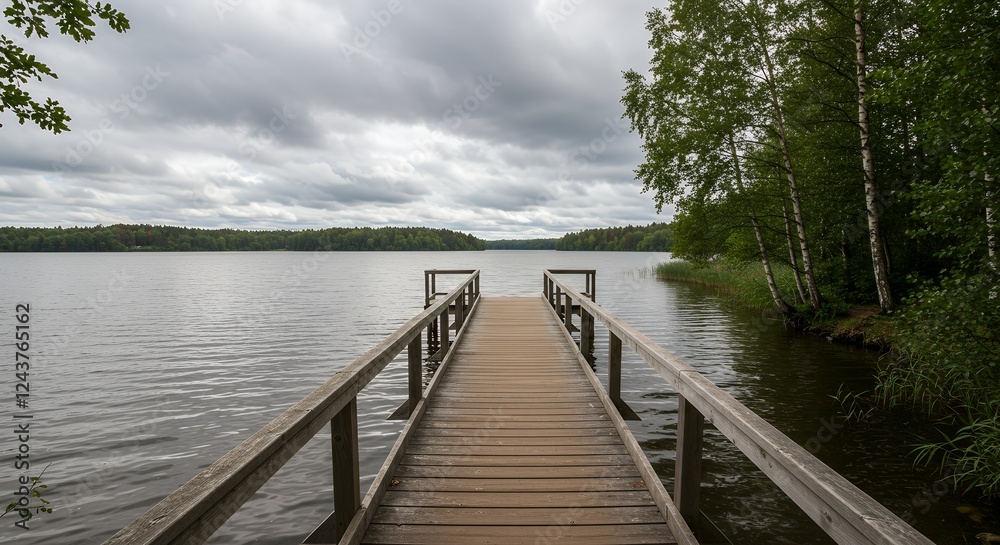 Fototapeta premium Cloudy sky over tranquil lake, wooden pier, forest. Nature outdoors.