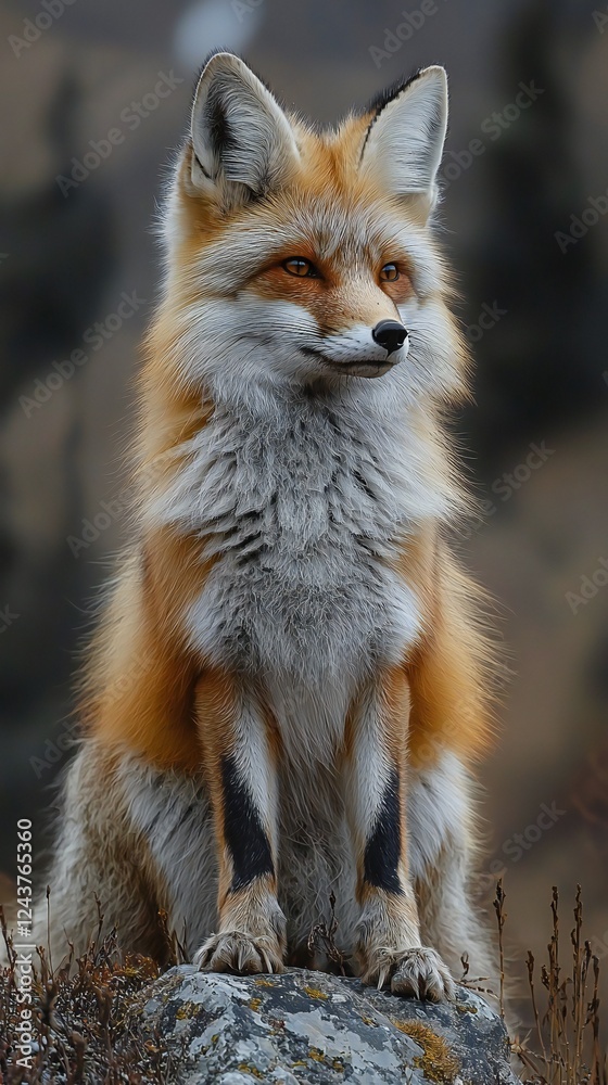 Naklejka premium HD Phone Wallpaper Majestic Red Fox Sitting on Rock Wildlife Photography Wild Animal Portrait