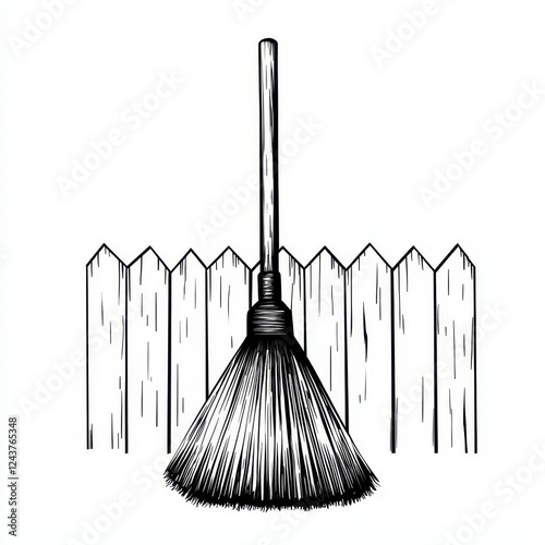 Hand drawn Broom Resting Against Wooden Fence Cleaning Illustration