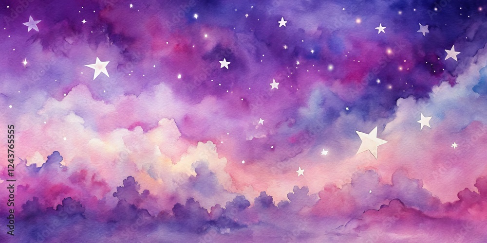 Fototapeta premium Watercolor Night Sky Purple Clouds, White Starscape