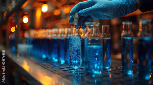 Close-up of a hand in a protective glove conducting a chemical laboratory experiment.