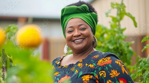 Eco-Urban Wellness Vibrant Greenery and Smoke-Free Living - Empowering Plus-Size Black Women, 45, in Community Gardens for Mental Clarity and Health Awareness photo