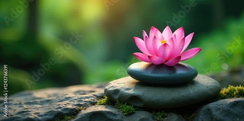 Zen stones and lotus pink flowers placed on a natural rock formation in the wilderness, still life, serenity, stone