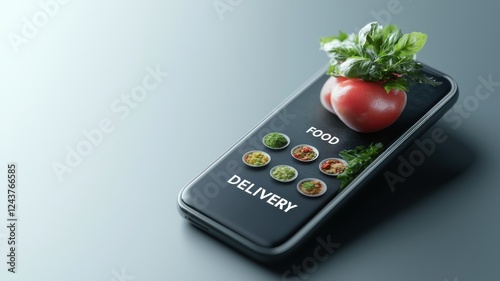 Smartphone displaying food delivery options with a tomato and herbs on top. photo