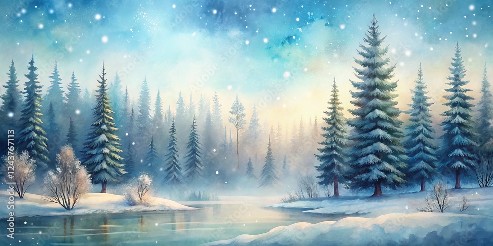 Fototapeta premium Winter Wonderland Watercolor, Snowy Forest Lake Scene