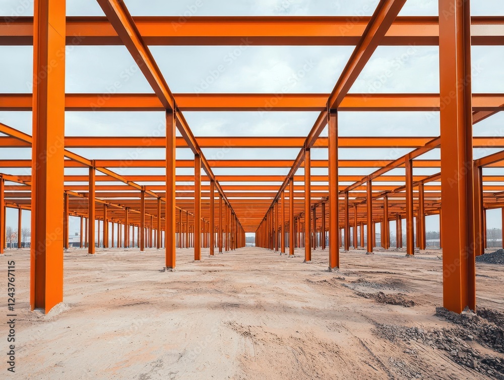 Isolated steel framework of a warehouse under construction, emphasizing structure and form Isolated steel framework of a warehouse under construction, emphasizing structure and form