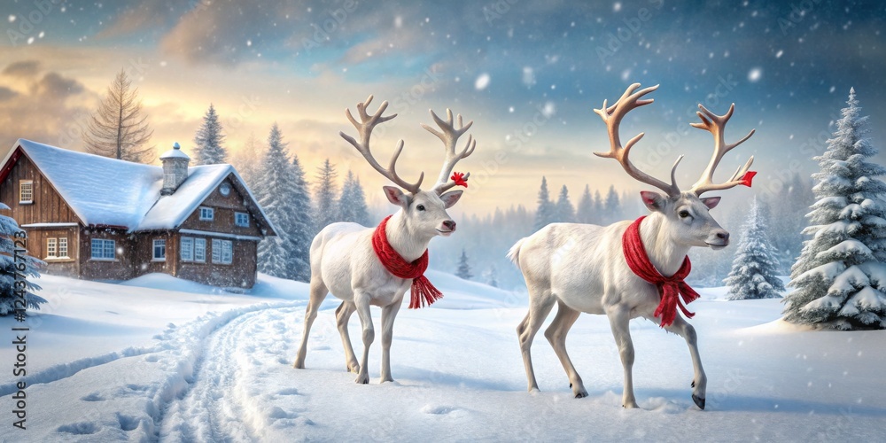 Obraz premium Winter Wonderland Two White Reindeer, Snowy Landscape, Festive Charm