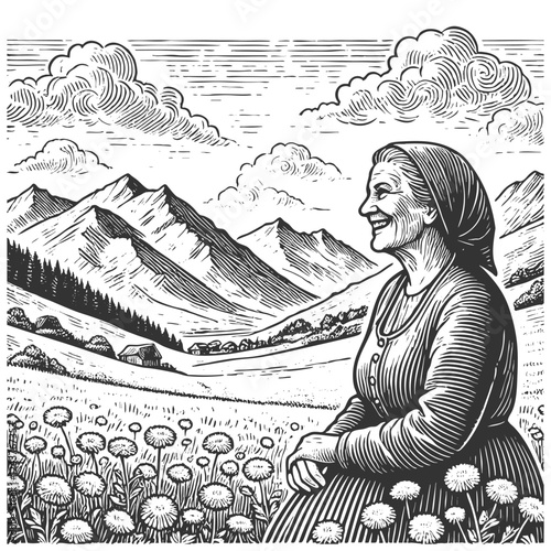 smiling elderly woman sitting in a flower-filled meadow with mountains, clouds, and rural scenery in the background sketch engraving generative ai vector illustration. Scratch board. Black and white.