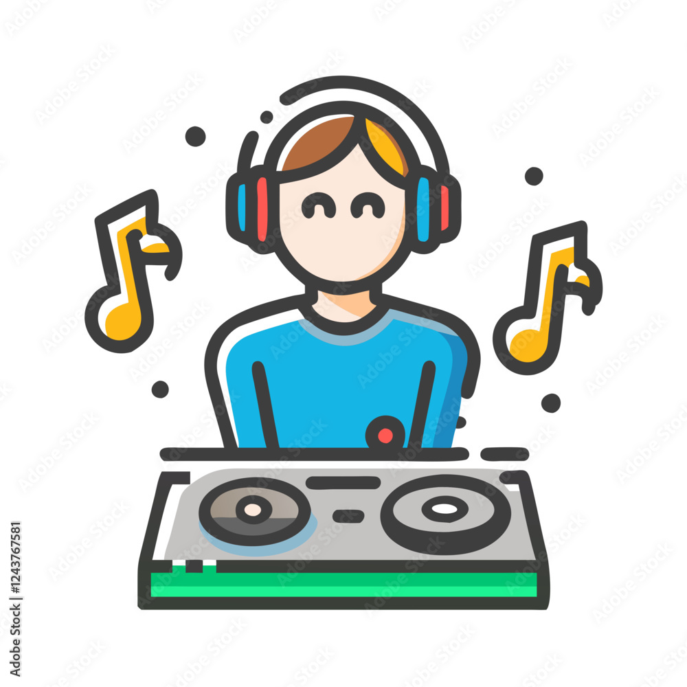 DJ mixing music with headphones and notes around him DJ mixing music with headphones and notes around him