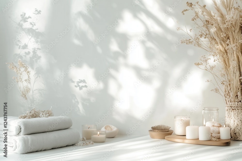 Conjunto de itens de spa com toalhas, velas e elementos decorativos em tons neutros, capturados com luz natural suave, criado com IA generativa.
