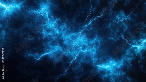 A high-contrast background of electric blue lightning bolts branching across a dark cloudy sky, perfect for dynamic and energetic visuals