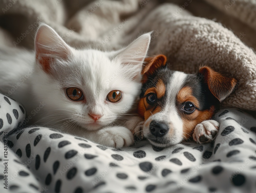 Adorable White Kitten and Small Dog Cozy Together on Soft Bedding Surrounded by Neutral Textiles and Gentle Lighting Adorable White Kitten and Small Dog Cozy Together on Soft Bedding Surrounded by Neutral Textiles and Gentle Lighting