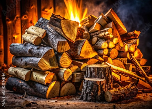 Rustic Firewood Stack: Oak & Birch Logs in Low Light