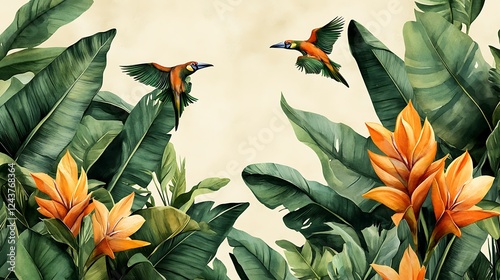 Tropical Bird of Paradise Flowers with Green Leaves