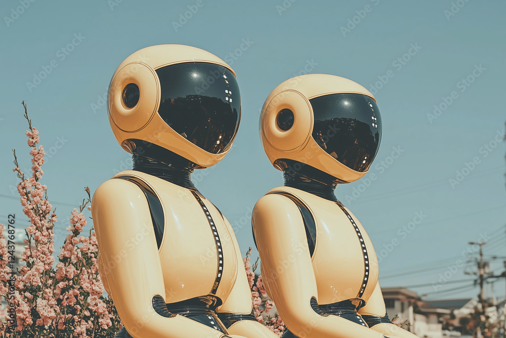 Fototapeta premium The Future is Now: Two humanoid robots, with sleek yellow exteriors and advanced facial features, stand side-by-side against a backdrop of vibrant pink blossoms.