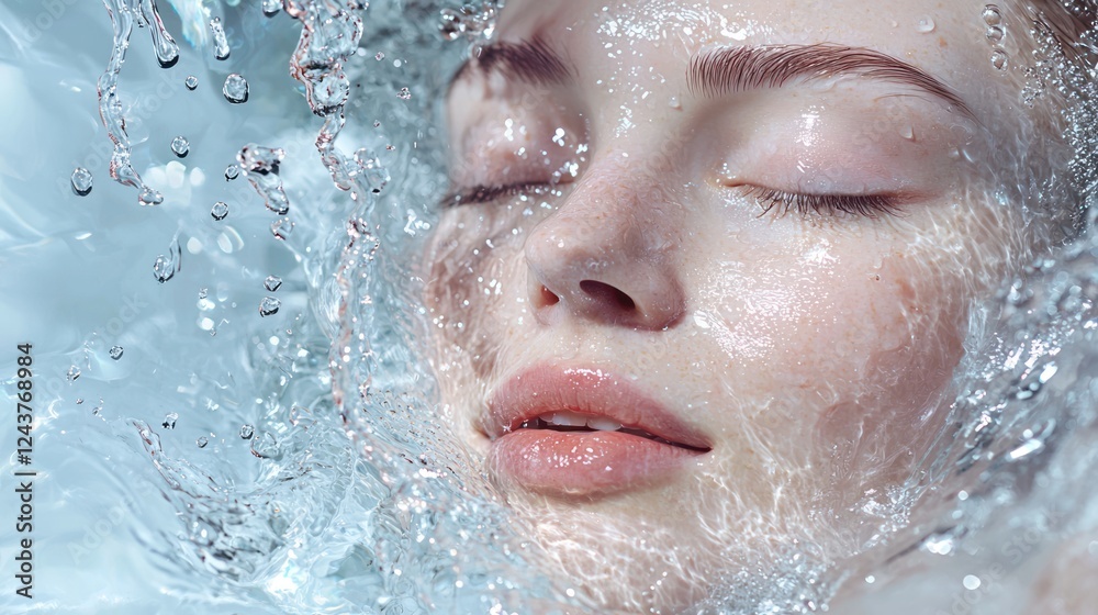 A product advertisement highlighting hydrophilic properties in skincare, showing water droplets on skin A product advertisement highlighting hydrophilic properties in skincare, showing water droplets on skin