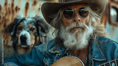 an old brutal rocker with a beard and a guitar in a cowboy hat sits with a dog near an old car.