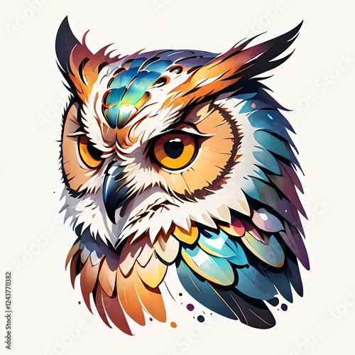 Colorful artistic owl head illustration with vibrant feathers in turquoise, orange and purple tones, perfect for tattoo design, prints and creative projects on white background. photo