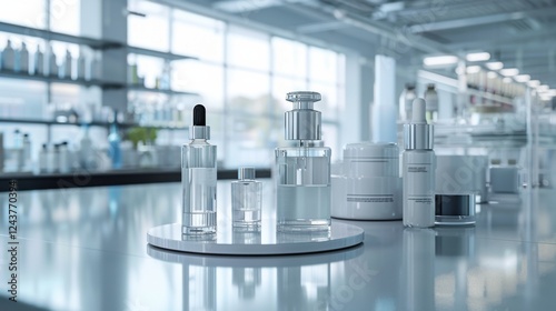 3D rendering of a cosmetic podium display with glass flask and cylinder equipment in a medical science lab background. Clean and professional