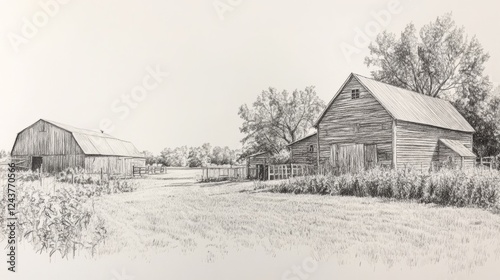 A hand-drawn pencil sketch of a rustic Minnesota farm with wooden houses, barns, and an open field. Rural Barn Landscape. Black and White Pencil Drawing