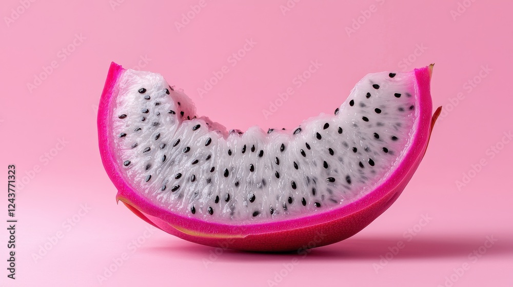 Close up view of a vibrant pink dragon fruit slice against a soft pink background. The fruit's white flesh is speckled with tiny black seeds. Close up view of a vibrant pink dragon fruit slice against a soft pink background. The fruit's white flesh is speckled with tiny black seeds.
