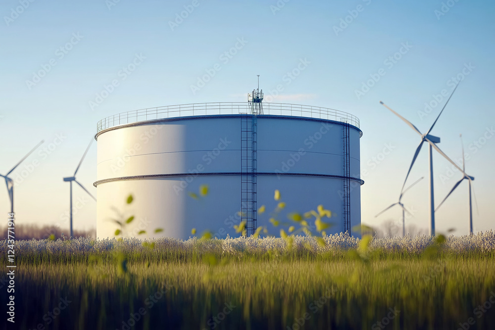 A massive industrial oil tank framed by green wind turbines in the background, symbolizing the energy transition. A massive industrial oil tank framed by green wind turbines in the background, symbolizing the energy transition.