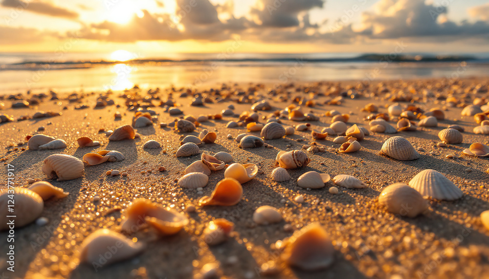 Seashells on Sandy Beach at Sunset Golden Hour Photo Seashells on Sandy Beach at Sunset Golden Hour Photo