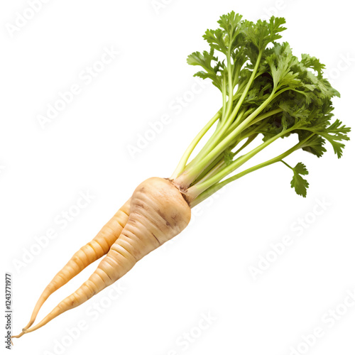 Fresh organic parsnip root vegetable with green tops isolated raw eat food on transparent background