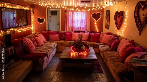 Living room wide angle view featuring plush sectional sofa red pink cushions coffee table adorned floral heart arrangement warm string lights draped along the ceiling for a romantic evening no people photo